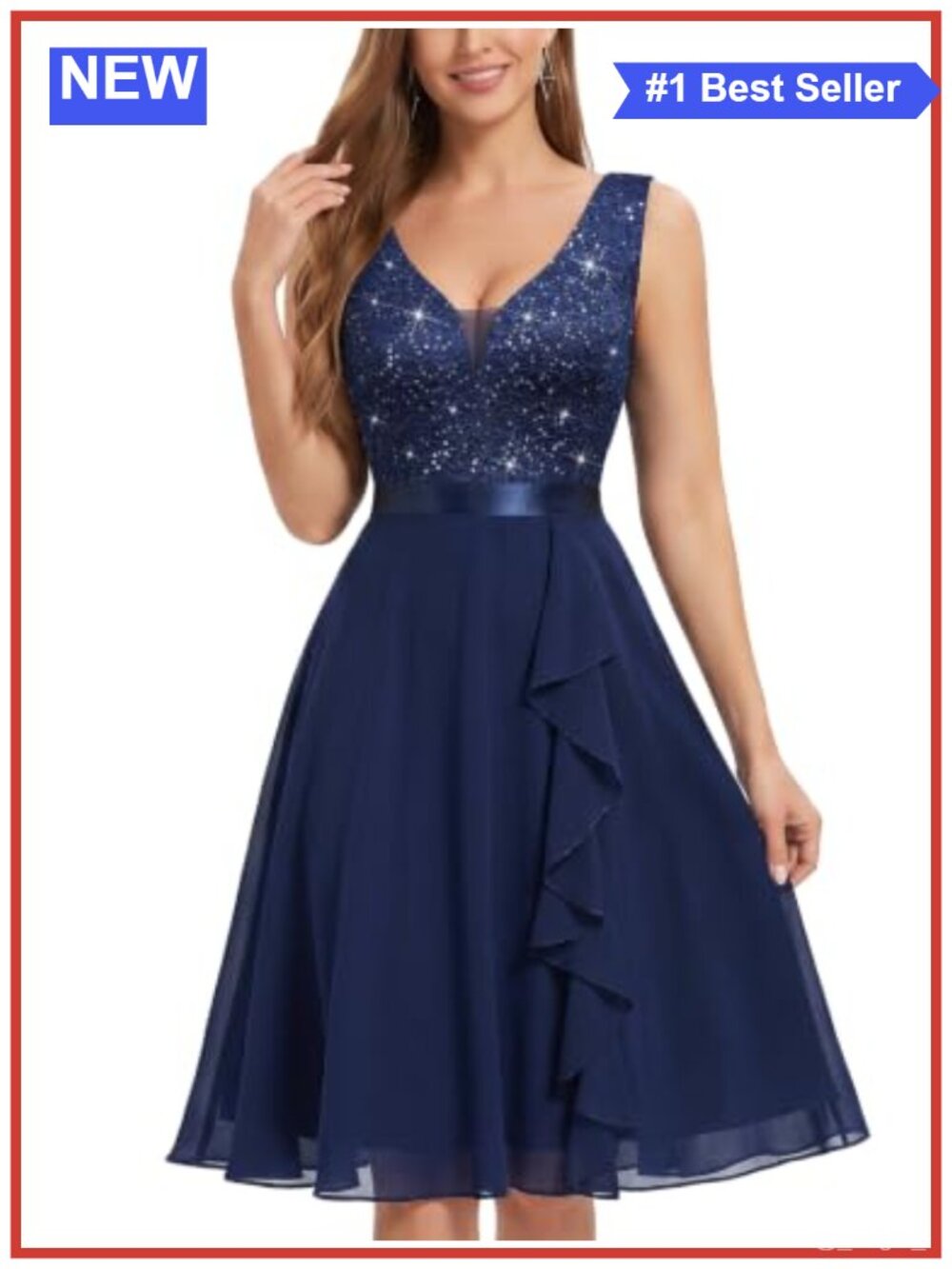 Vintage Sequin V-Neck A-Line Formal Dress Sleeveless Knee Length